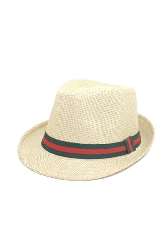 หมวกสานปานามาปีกสั้นแถบลาย - Red Stripe Band Panama Hat