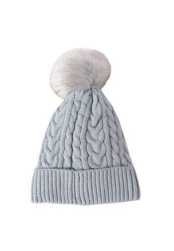 หมวกไหมพรมทรงบีนนี่แต่งปอม - Fleece Lined Cable Knitted Pom Pom Beanie Hat