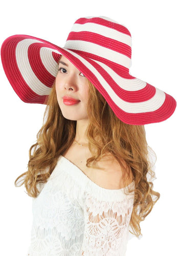 หมวกสานปีกกว้างชายทะเลลายเส้น - Summer Striped Straw Hat Floppy Big Brim Hat